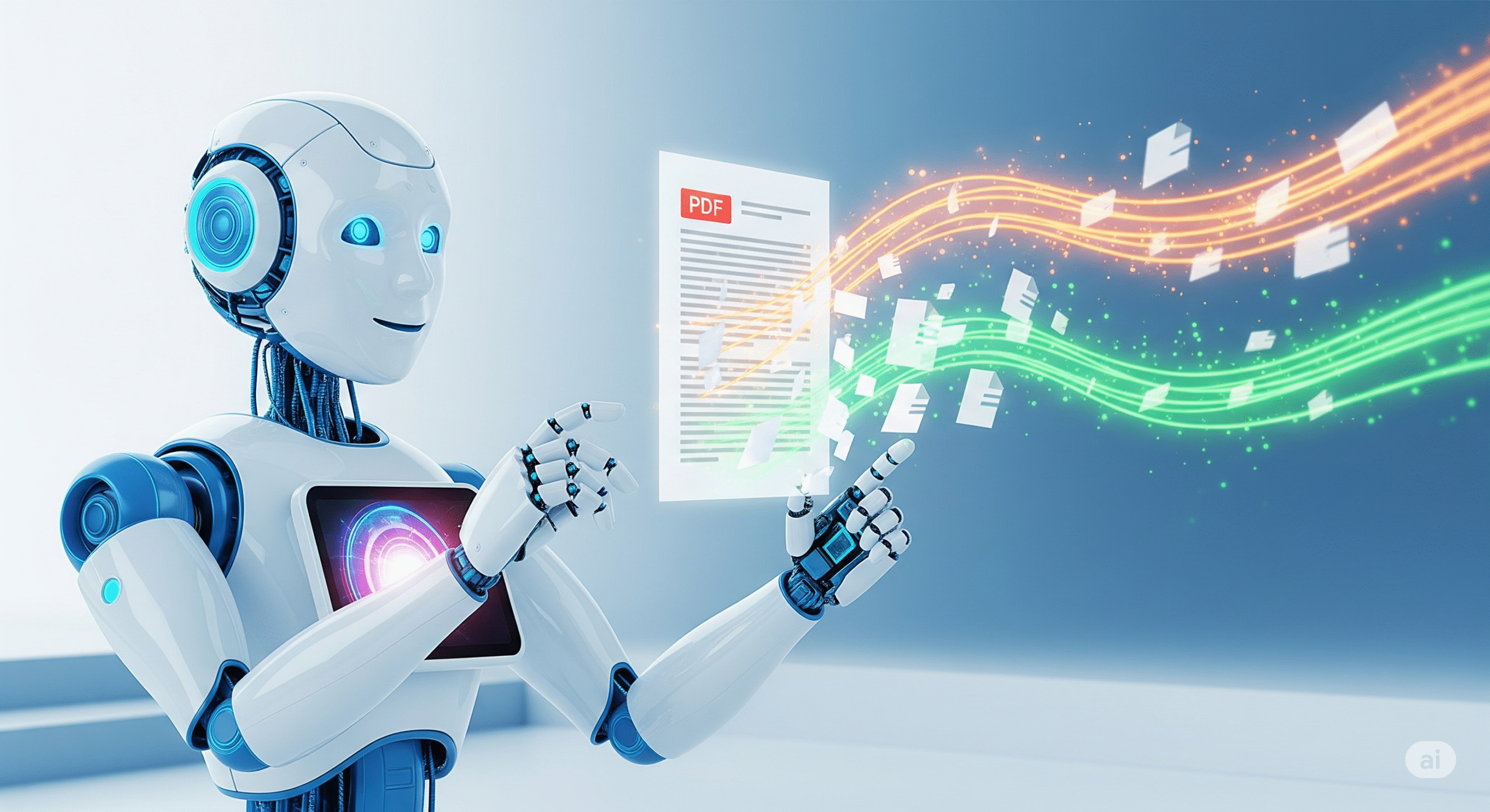 Ilustração de uma inteligência artificial lendo e resumindo um documento em PDF