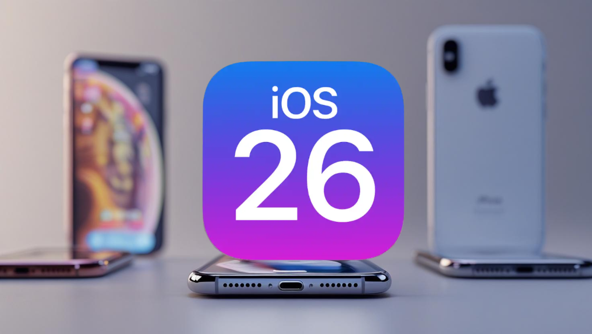 O logo do iOS 26 em destaque, ilustrando a lista de iPhones que não recebem o iOS 26, com os modelos XS e XR ao fundo