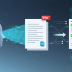 Ilustração tecnológica mostrando a cabeça de um robô de Inteligência Artificial (IA) que analisa um documento PDF e o transforma em um resumo conciso com os pontos-chave destacados, simbolizando eficiência e produtividade.