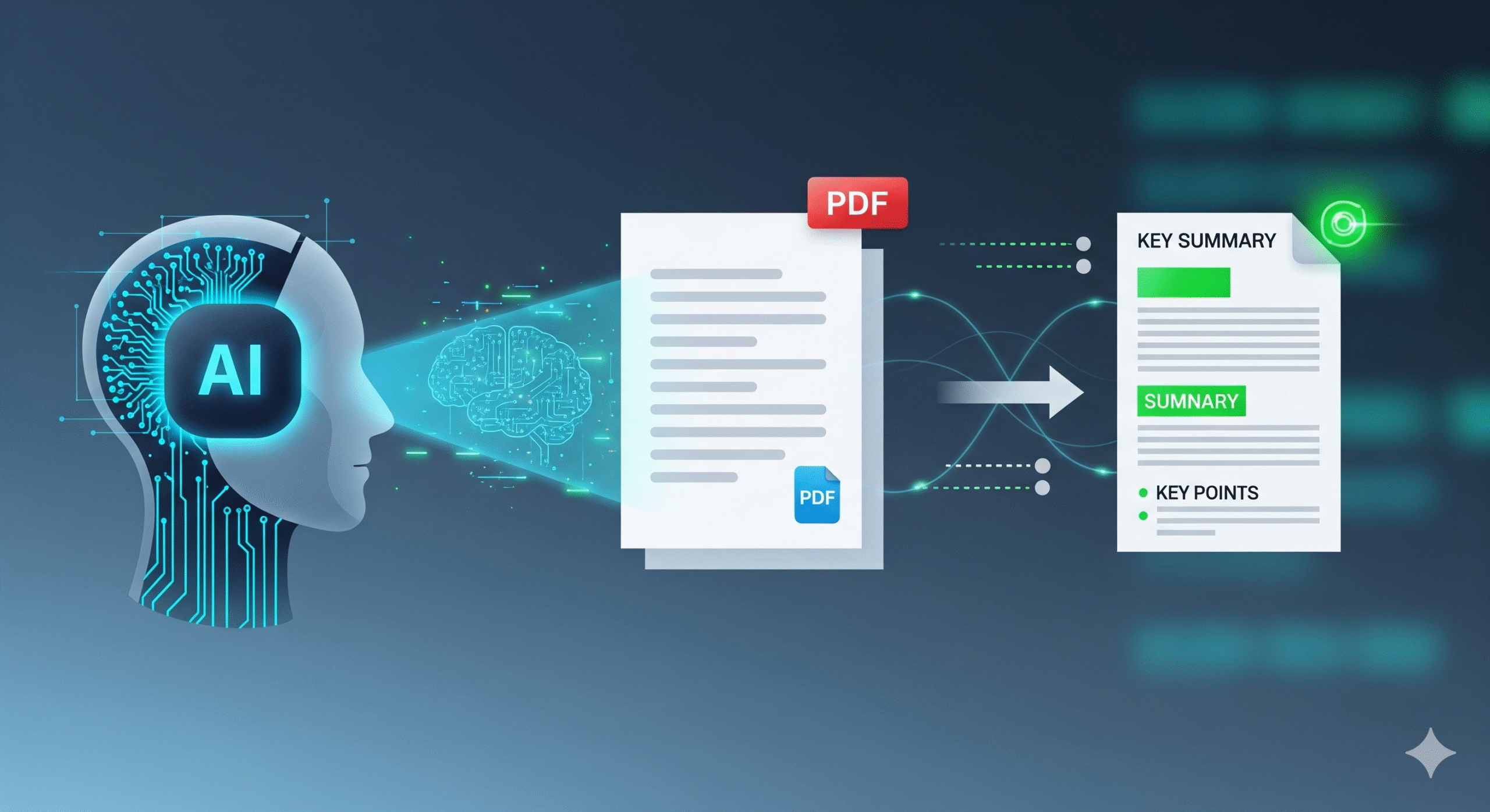 Ilustração tecnológica mostrando a cabeça de um robô de Inteligência Artificial (IA) que analisa um documento PDF e o transforma em um resumo conciso com os pontos-chave destacados, simbolizando eficiência e produtividade.
