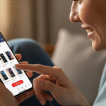 Pessoa sorrindo enquanto escolhe um celular bom e barato em uma loja online no smartphone.