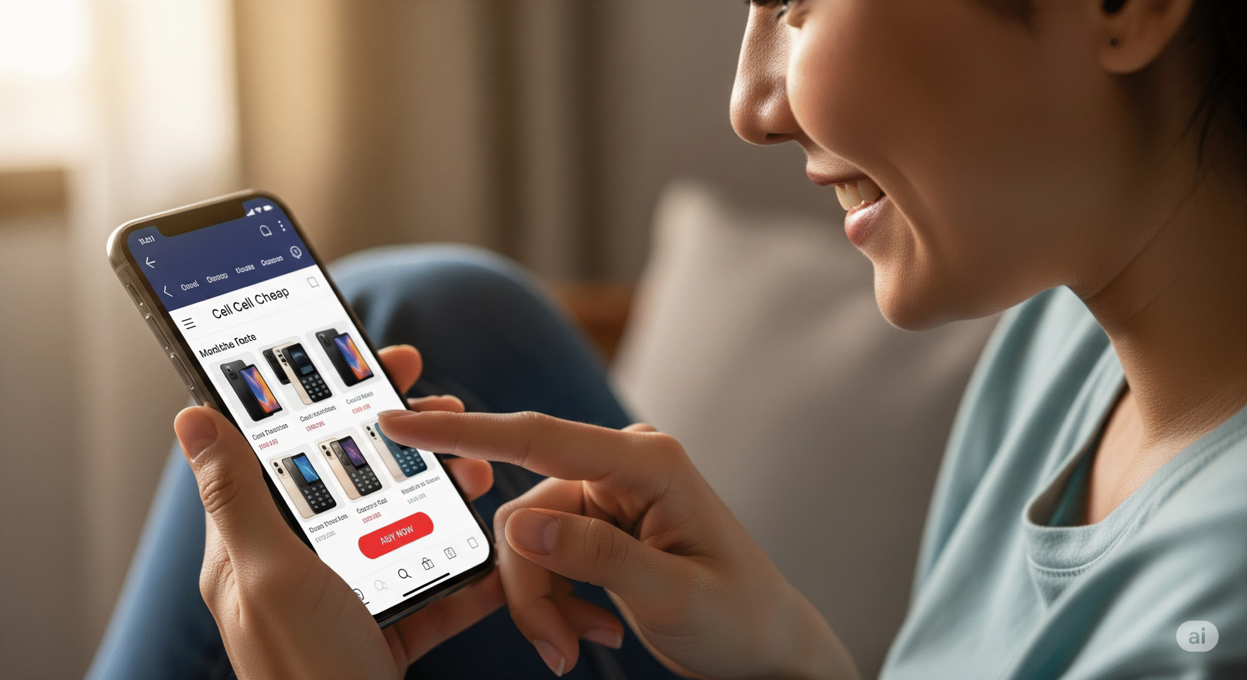 Pessoa sorrindo enquanto escolhe um celular bom e barato em uma loja online no smartphone.