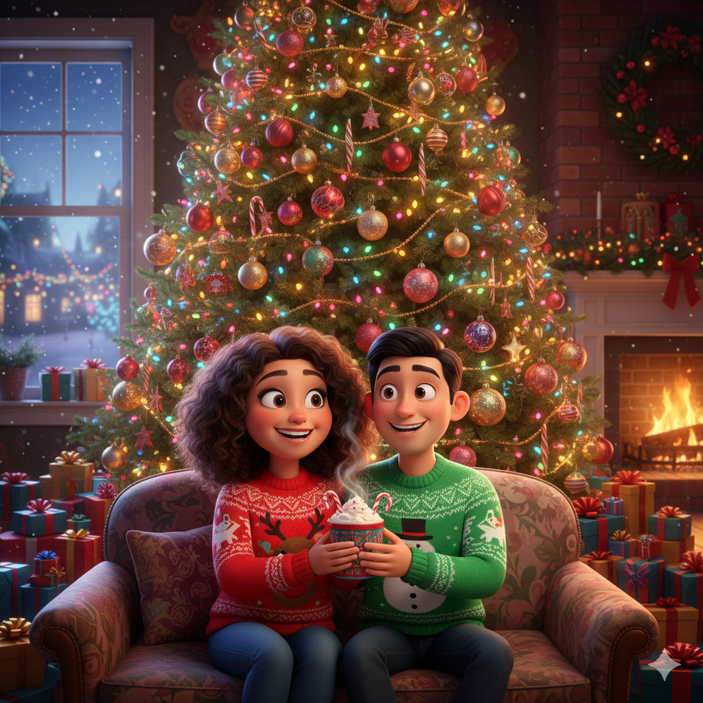 desenho_estilo_pixar_prompt_natal_techguiado Magia do Natal Crie Incríveis Prompt Fotos de Casal Natalinas com IA (Mesmo Sem Experiência!)