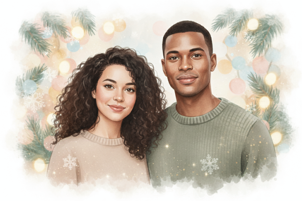 foto_aquarela_prompt_casal_natal_techguiado-1024x683 Magia do Natal Crie Incríveis Prompt Fotos de Casal Natalinas com IA (Mesmo Sem Experiência!)