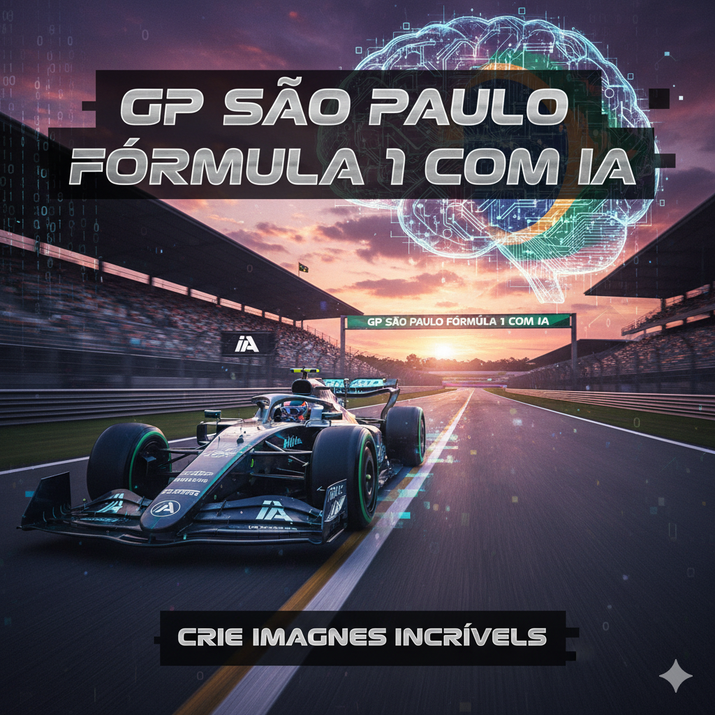 Montagem de carro de corrida e logo de IA, ilustrando o GP São Paulo Fórmula 1 com IA