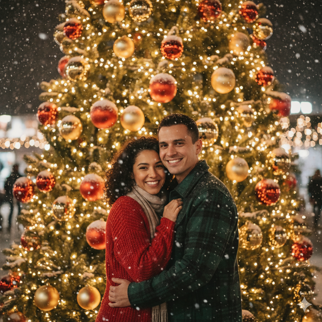 prompt_arvore_cartao_feliz_natal_2025_foto_casal_natal_techguiado Fotos de casal natalinas com IA: ideias e prompts incríveis para criar imagens mágicas