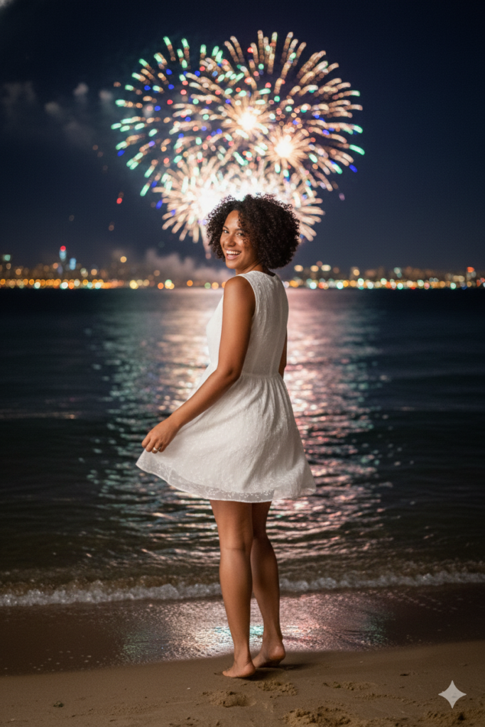 foto-gemini-mulher-ano-novo-reveillon-techguiado-ondas-praia-683x1024 Como fazer sua Foto Gemini de Réveillon realista (Passo a Passo)