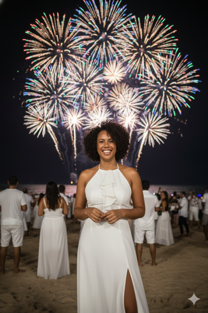 foto-gemini-mulher-ano-novo-reveillon-techguiado-praia-683x1024 Como fazer sua Foto Gemini de Réveillon realista (Passo a Passo)