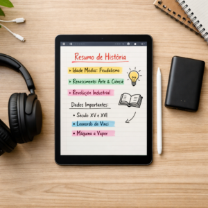 Mesa com os melhores eletrônicos para estudar, incluindo tablet e fone