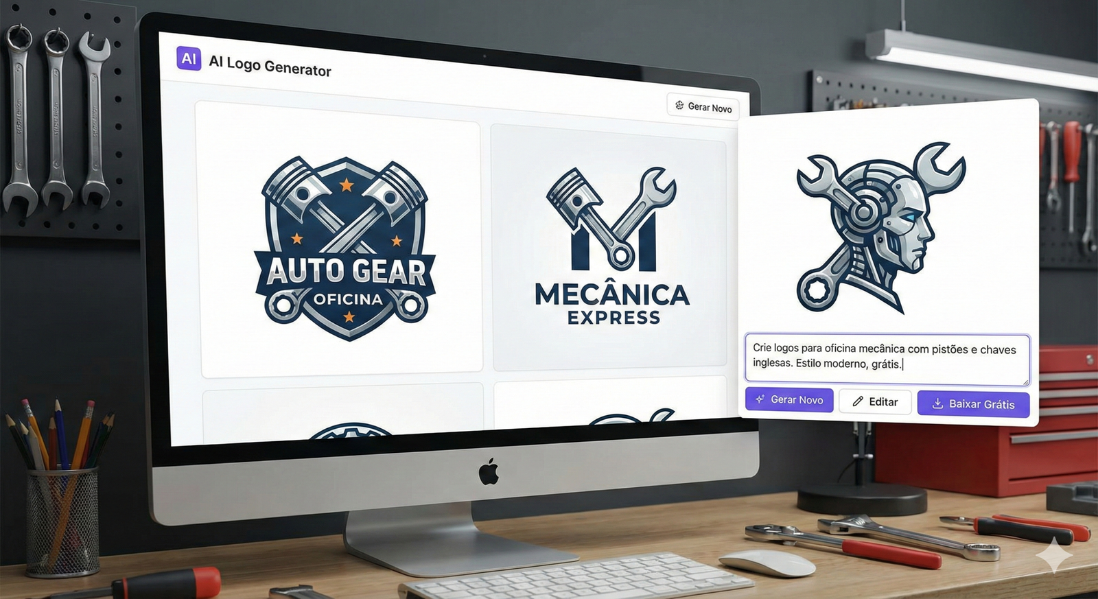 Exemplo de resultados usando prompts para logo de oficina de carros e motos gerados por inteligência artificial, mostrando estilos moderno e esportivo