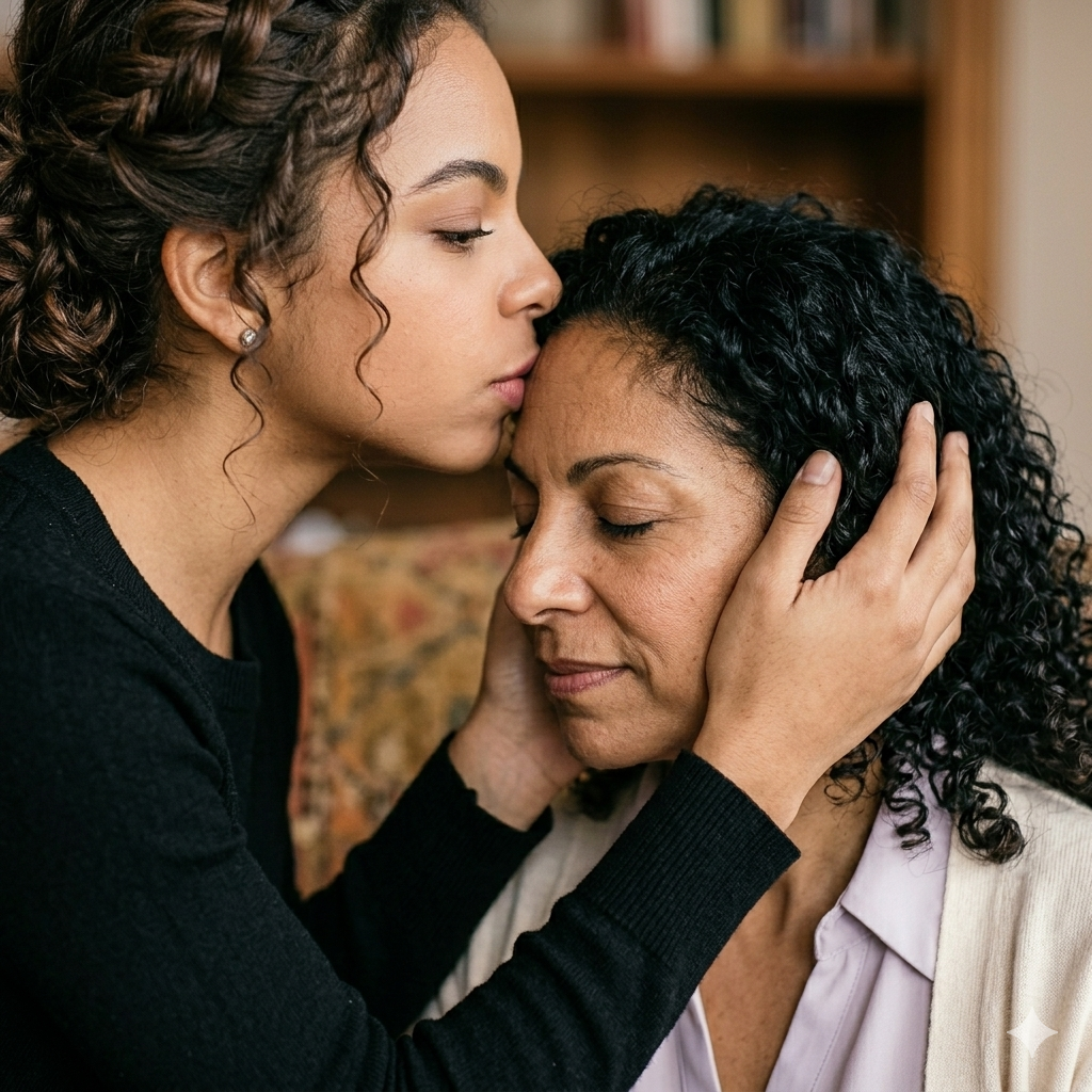 prompts-ia-gemini-dia-das-maes-beijo-testa-filha-techguiado 10+ Prompts IA Dia das Mães 2026 para Criar Fotos Emocionantes com Sua Mãe