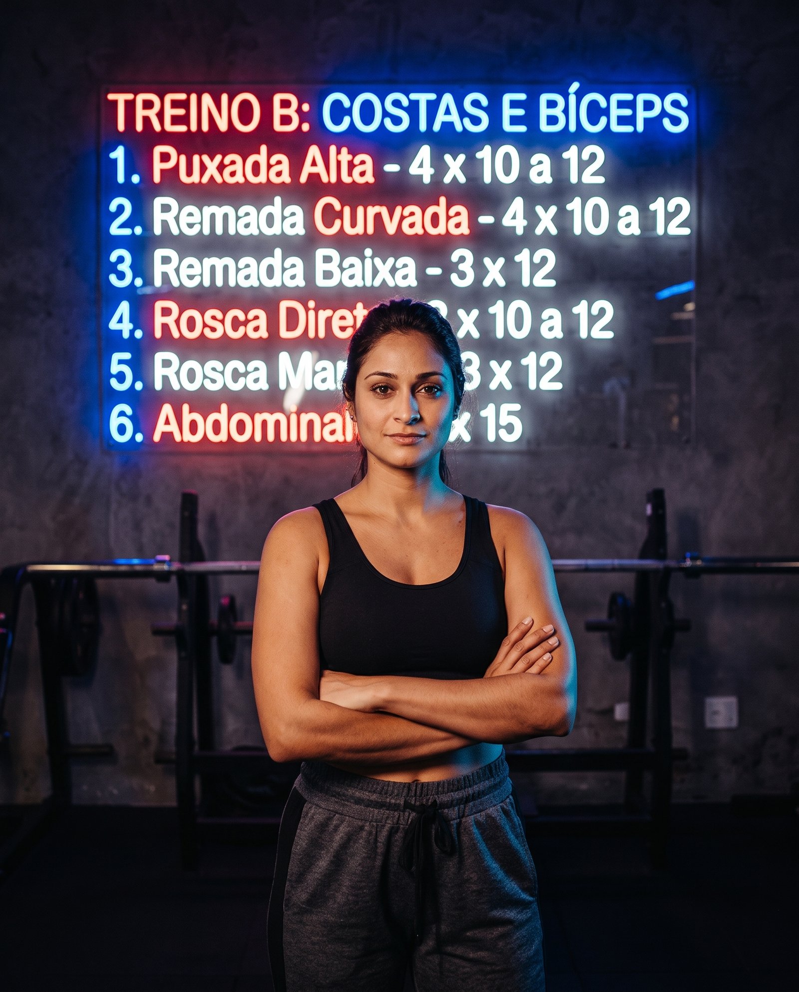 ficha-treino-letreiro-neon-prompt-academia-techguiado 10 Prompts Gemini para Foto de Academia com Dados do Treino
